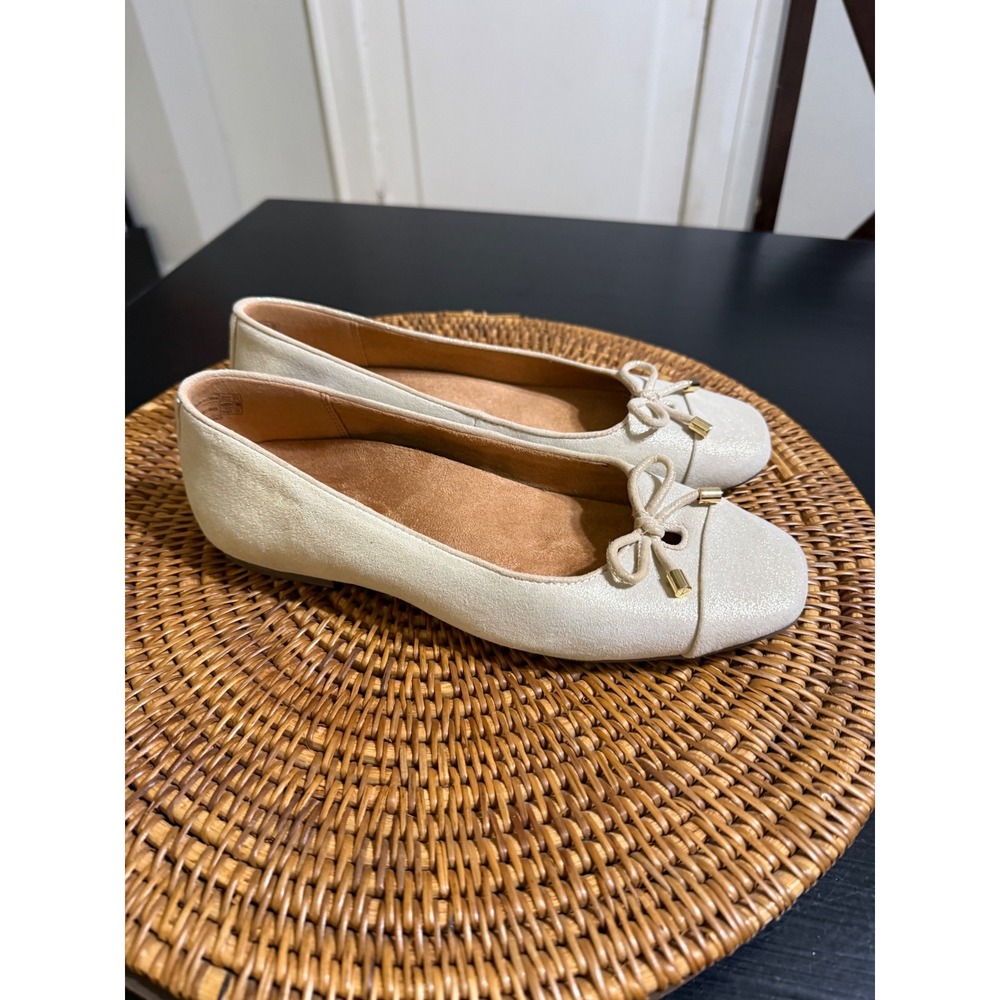 Vionic Minna Cream Shimmer Square Toe Ballet Flats with Bow Gold Hardware